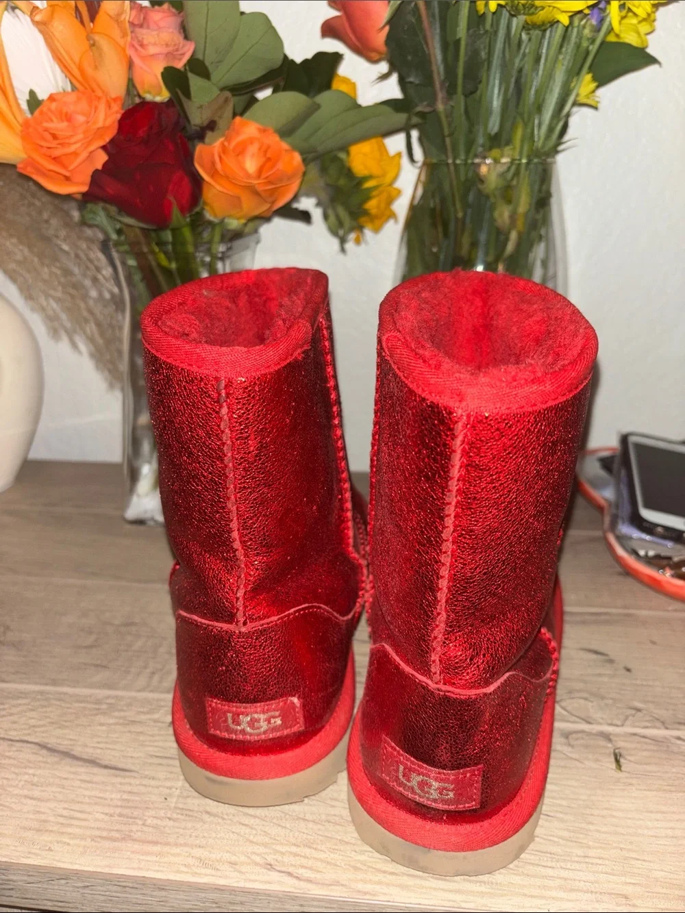 UGG Kids Shiny Red Faux-Fur Lined Boots